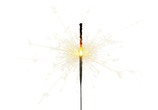 Vibrant yellow sparkler burst, radiating sharp lines in an energetic starburst pattern, meticulously detailed, isolated on a transparent background with copy space. Concept of celebration and
