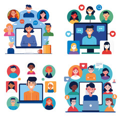 Colorful vector set showing virtual video calls with diverse characters on screens and communication icons.