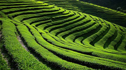 high-altitude tea plantation terraces with precise curves, mist swirling over green leaves, natural symmetry and deep contrast between soil and foliage