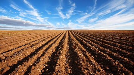 patchwork farmland seen from ground level, diverse textures from planted crops, divided by thin dirt paths, under a crisp autumn sky with mild sunlight