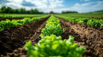 vegetable crops in neatly arranged rows, including lettuce, cabbage, and kale, taken from a low-angle view with a clear vanishing point and distant field barn