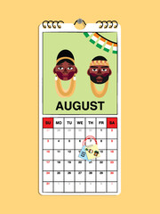Ivory Coast Independence Day reminder on August 15th in a wall calendar with illustrative people wearing the nation's traditional attire.