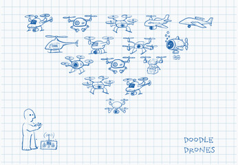 Hand-drawn with blue pen doodle vector scene of a person controlling a diverse fleet of  drones flying in formation on graph paper background