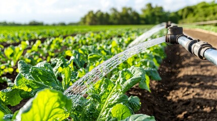 overhead sprinkler heads mounted on rust-free aluminum pipes, spraying synchronized arcs of water across a vegetable plantation, early morning sunlight creating gentle reflections