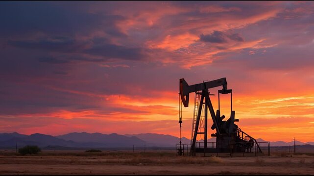 An oil pump jack operates against a stunning desert sunset, showcasing the contrast of industry and natural beauty in the dusky sky