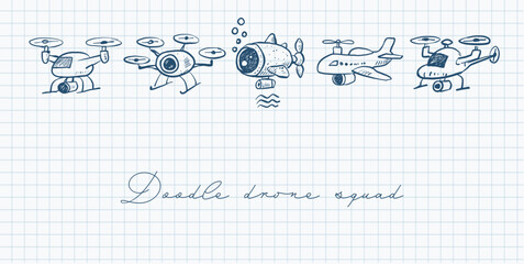 Vector doodles of creative flying and underwater drones drawn in blue pen on grid paper