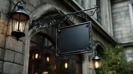 Ornate Metal Signage Mockup Hanging Over Cobblestone Alleyway with Scrollwork Frame and Lanterns – Vintage Urban Display