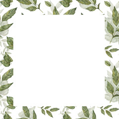 Fototapeta premium Square watercolor frame with green leaves. Botanical illustration template for text, white background, natural motif, grass