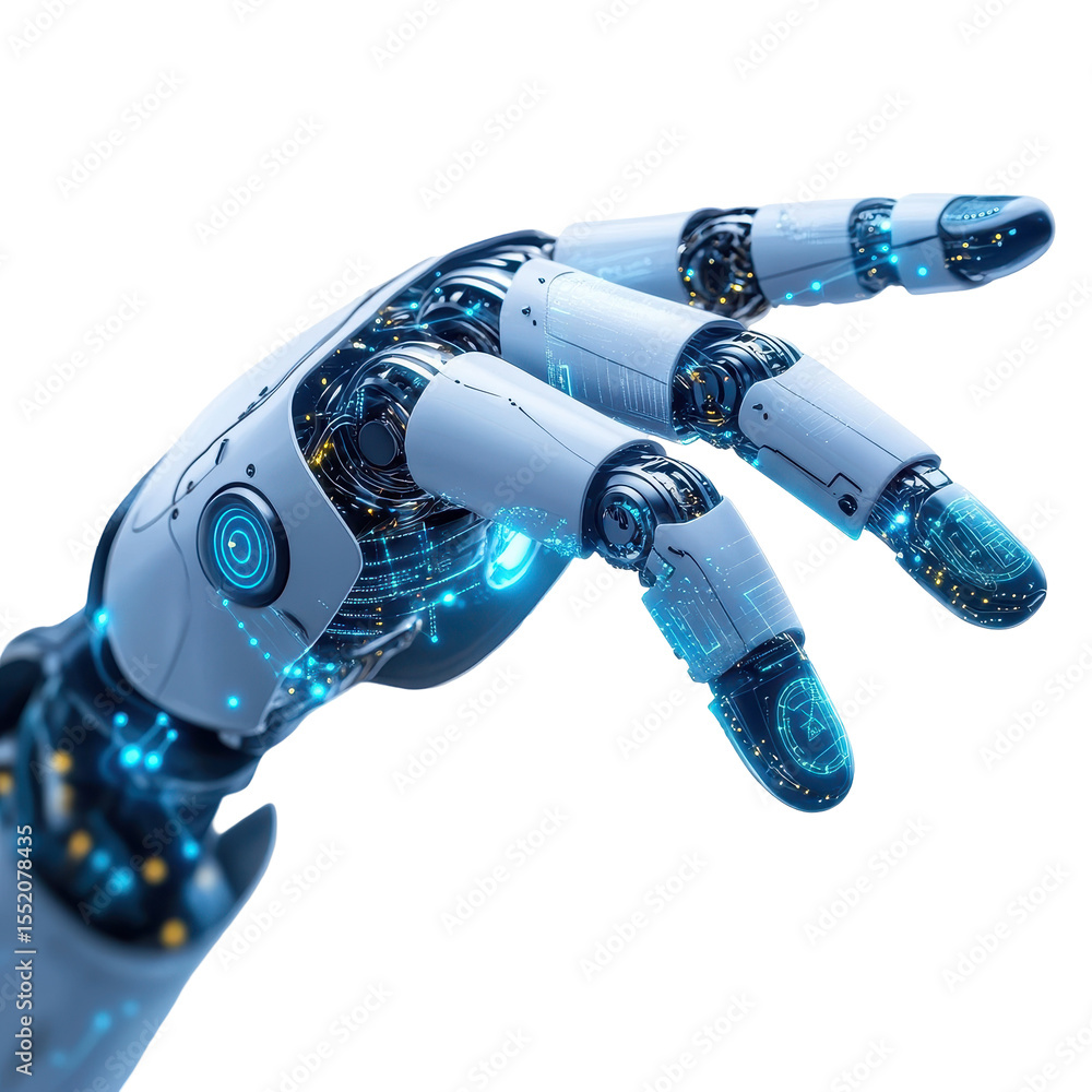 Poster robot finger pointing with information datum, robotic finger gestures towards an information datum, 
