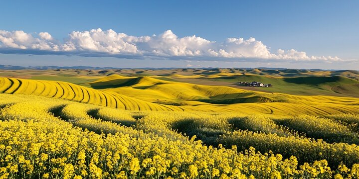 an expansive landscape of canola fields in full bloom, vibrant yellow stretching across rolling hills, white clouds casting soft shadows over the crops, distant farmhouses visible, clean horizon