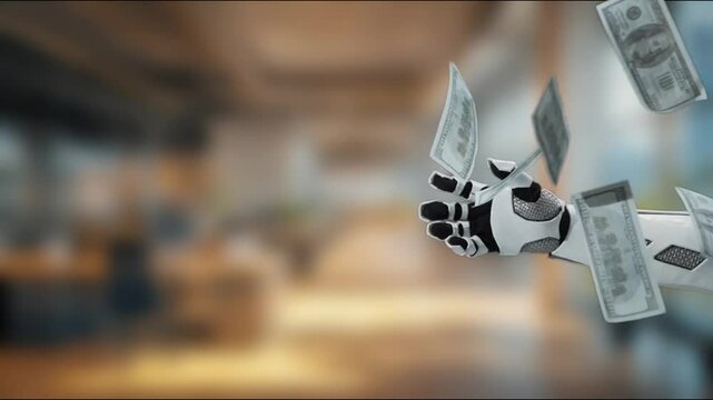 A futuristic robot hand extends outward, releasing cash notes in a modern office. This image symbolizes the merging of technology with finance, showcasing innovation and economic growth. MZL