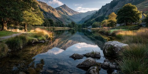 Majestic mountain landscape with serene lake reflecting the early morning sky in a remote valley