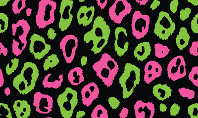 Neon pink and neon green leopard print seamless pattern, vector illustration, simple shapes, black background, no shadows, no gradients, low resolution, high contrast, flat design, 80s style