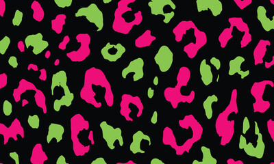 Neon pink and neon green leopard print seamless pattern, vector illustration, simple shapes, black background, no shadows, no gradients, low resolution, high contrast, flat design, 80s style