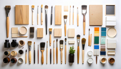 Flat lay of various art supplies, including paintbrushes, wooden blocks, paint containers, and color swatches, arranged on a white background
