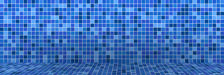Abstract blue mosaic tiled wall and floor, perfect for swimming pool, spa, or bathroom design concepts. Clean and geometric pattern.