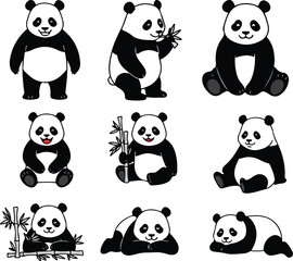 Nine Panda Bear Illustrations: Cute Black and White Panda Poses