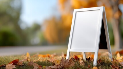 A white sign is on the ground in front of a tree. The sign is empty and the leaves on the ground are orange