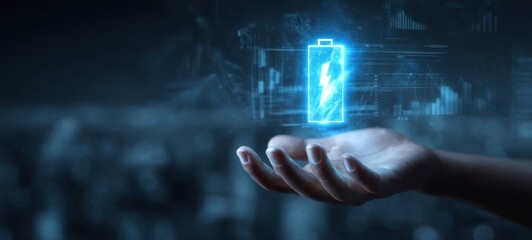 The Hand Holding a Futuristic Digital Battery Charging Icon