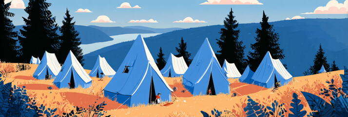 Bright summer day at a children's scout camp features colorful tents set in a beautiful landscape by a serene lake, where young campers are enjoying outdoor activities together