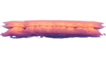 Horizontal strip of dramatic, layered clouds with vibrant orange to pink to purple gradient, isolated against a transparent studio background, no shadows, front view. Concept of serene atmospheric