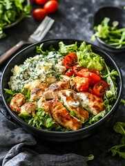 Grilled chicken salad bowl with fresh vegetables and creamy spinach topping. Quick and Healthy Weight Loss Meals, concept of healthy eating