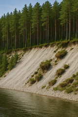 image of a ravine: a 40-meter strip of almost white pebbles rises steeply from the water to a magnificent pine forest. the length of the cliff is up to one and a half kilometers. In places, at differe