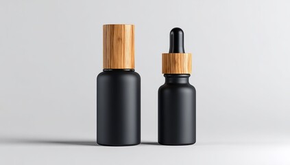 Black and wooden dropper bottle mockup set on a white background, 3D rendering illustration with a close-up of blank, dark glass cosmetic bottles.