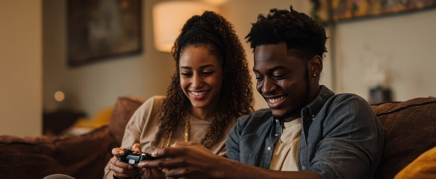 The couple enjoying a cozy gaming experience together at home.
