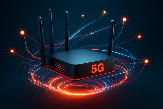 Futuristic levitating 5G wireless router glowing with high speed data signals and dynamic antennas representing advanced network connectivity technology in a smart digital environment