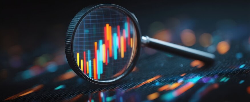 The magnifying glass revealing colorful stock graph on digital workspace.