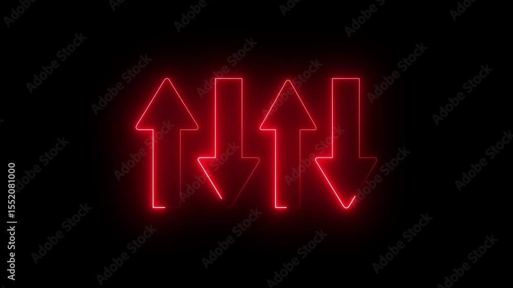 Poster abstract glowing neon line up and down arrow icon animation on black background. 4k motion graphics 