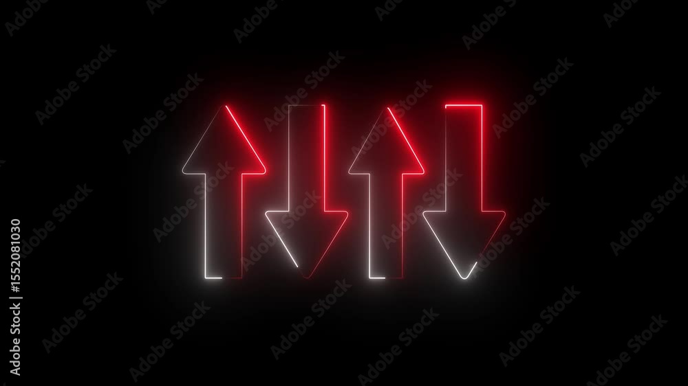 Poster abstract glowing neon line up and down arrow icon animation on black background. 4k motion graphics 