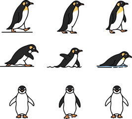 Nine Penguin Illustrations: Walking, Swimming, and Standing Poses