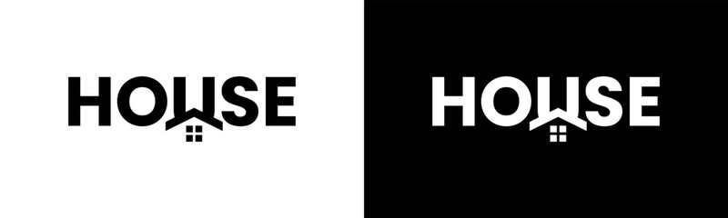 House Logo design. Modern wordmark House with roof logo design. In black and white version vector illustration.