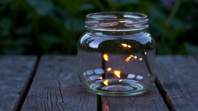 Magical glowing fireflies in a glass jar on wooden table at dusk in peaceful garden