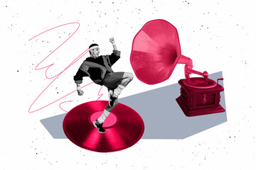 Trend template sketch design 3D photo collage of gramophone young man dance vinyl record weekend...