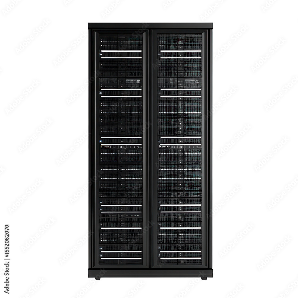 Poster server rack, server rack containing multiple servers and networking devices, isolated on transparent background