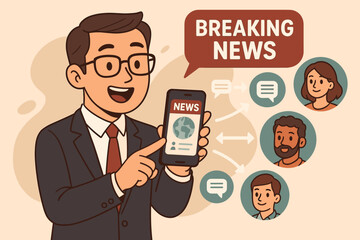Businessman Sharing Breaking News Online on Smartphone, Forwarding Messages to Colleagues and Friends, Digital Communication, Social Media Notification, Vector Cartoon Illustration