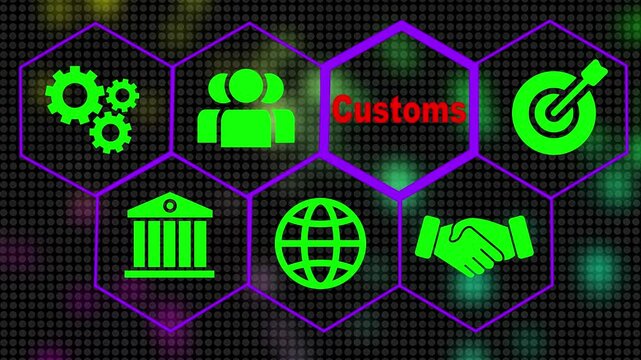  4k video animation. on black background and 4 collar animation. Hi tech motion graphic background, white flickering dots on dark background .A Business Customs concept button on a futuristic computer