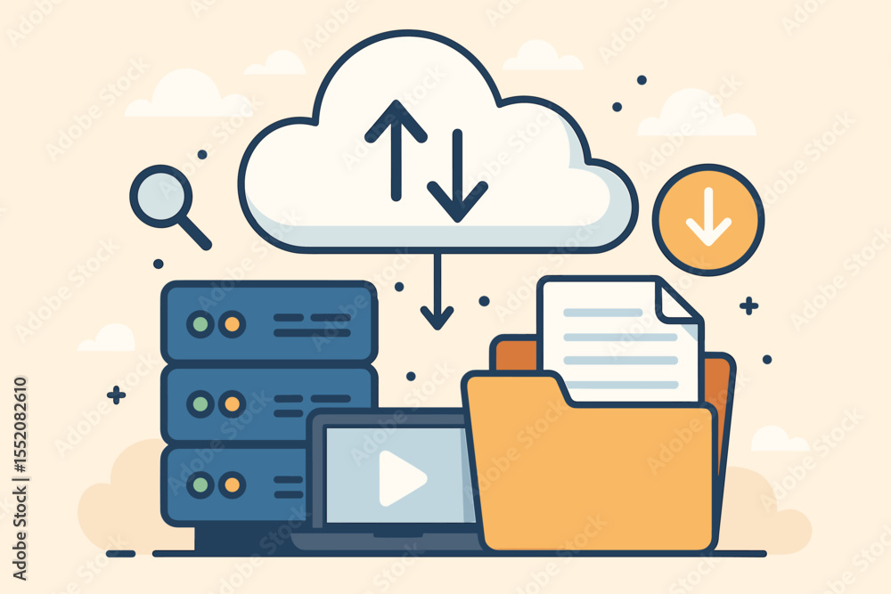Poster cloud computing data storage and file management vector. server database, online backup, digital doc