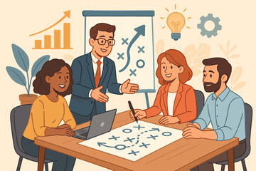 Diverse business team collaborating on strategic planning, project management, brainstorming ideas, teamwork, leadership, and workflow for successful corporate execution. Cartoon vector illustration.