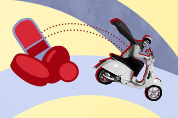 Composite sketch design artwork photo collage of young man ride motorbike blood cell pills health...