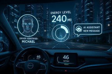 Futuristic electric car interior with head up display showing biometric face recognition AI assistant notification battery range and speed in neon lit smart city at night autonomous mobility concept