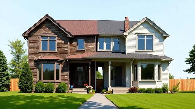 Modern house renovation comparison, before and after home exterior transformation. Residential property remodeling with new siding and windows, real estate improvement