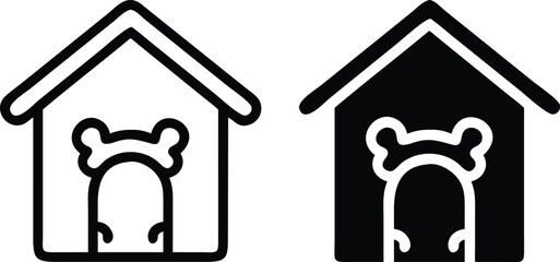 Minimalist Dog House Icon with Bone Symbol – Flat Black Vector Front View Illustration