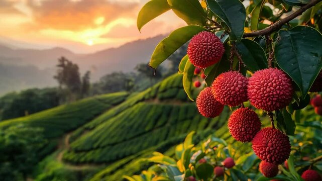 lychee on branch in assam tea gardens indian fruit video