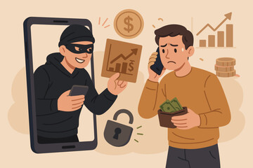 Online Financial Fraud Phone Scam Concept. Cybercriminal deceiving victim with fake investment offer, social engineering, phishing, money theft, cybercrime, financial security risk illustration.
