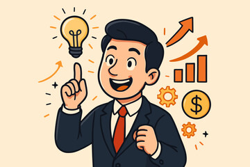 Cartoon businessman in suit having eureka idea moment, light bulb innovation, creative business success concept, growth chart, money symbol, motivation, vector illustration for finance strategy