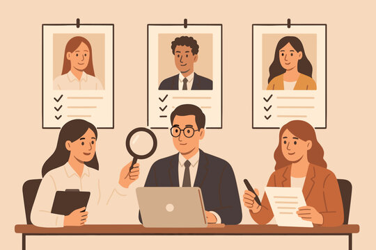 Human resource managers recruiting staff, evaluating job applicants, reviewing resumes, conducting interview, HR recruitment process, teamwork, corporate hiring, employee selection vector illustration